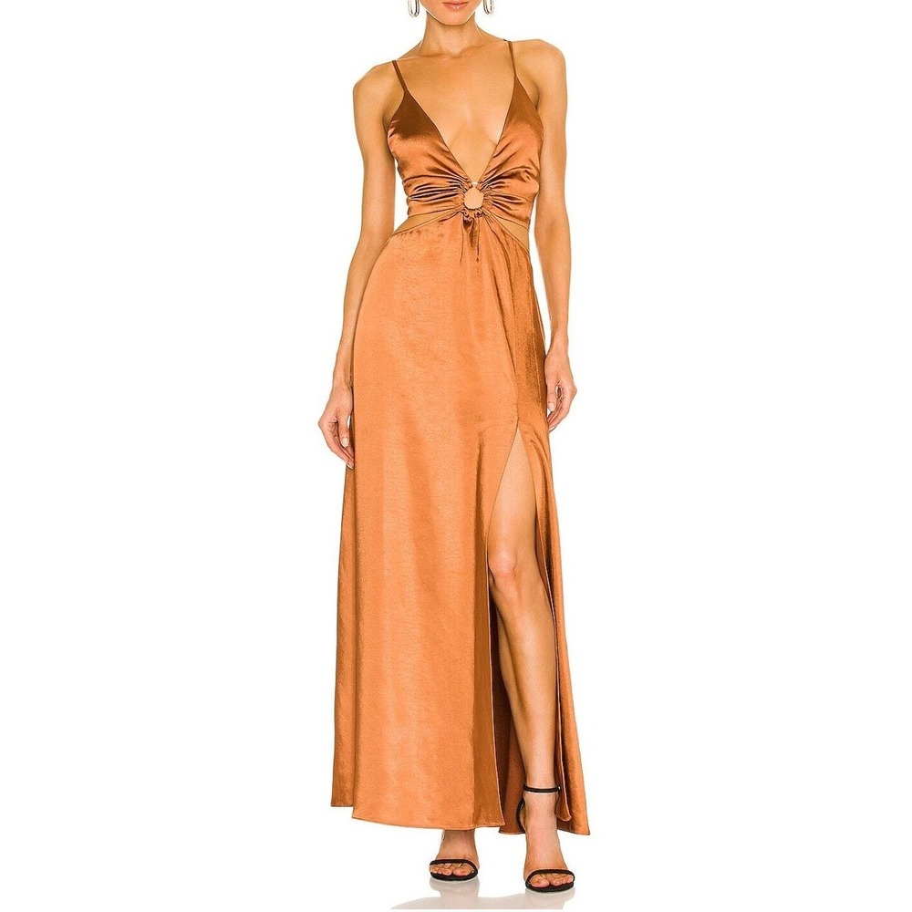 LPA Aniston Dress Hazelnut Satin Brown Maxi Ruched Ring Side Slit Sz S